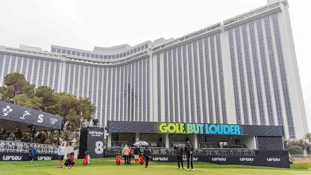 A general view of the on the eighth hole is seen during the practice round before the start of the 2024 LIV Golf Las Vegas tournament at the Las Vegas Country Club.